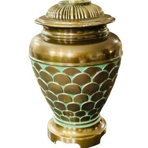 Signed Falkenstein Scallop Lamp – Brass & Green Patina Urn, Mid-Century, 19”